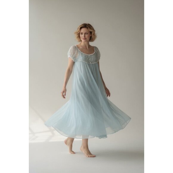 NOS Vintage 60's Vassarette Blue Nylon Chiffon Robe Nightgown Size 36 Full Sweep - Picture 1 of 9
